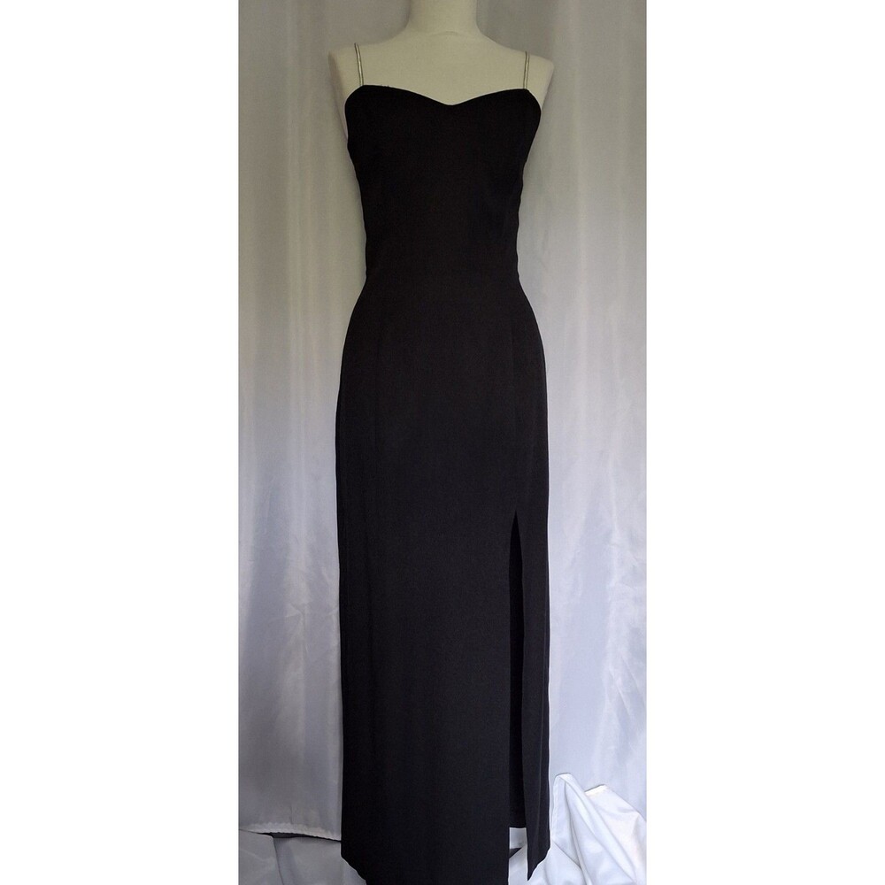 Vtg. 80s/90s Black sheath Maxi Prom Dress Long Slit Metal Straps Sz 8